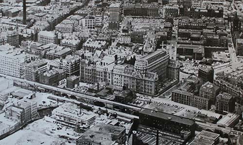 Black and white old aerial image of the University's North campus