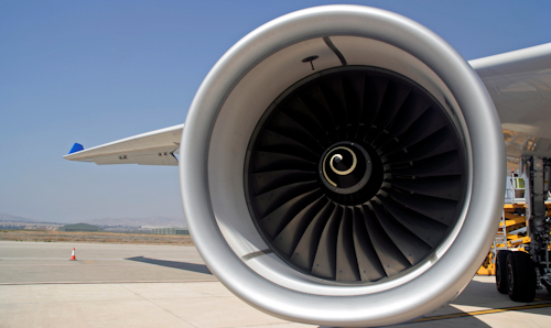 Rolls-Royce engine in plane on runway