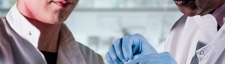 Scientists working in lab coats and gloves