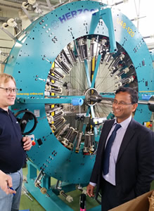 Two men standing in front of a braiding machine