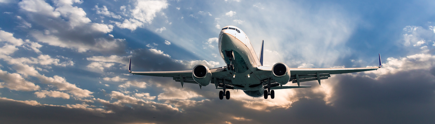 Passenger aeroplane landing at dusk