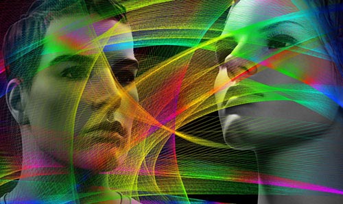 Two computer generated mannequin heads with an overlaid colourful spirograph pattern